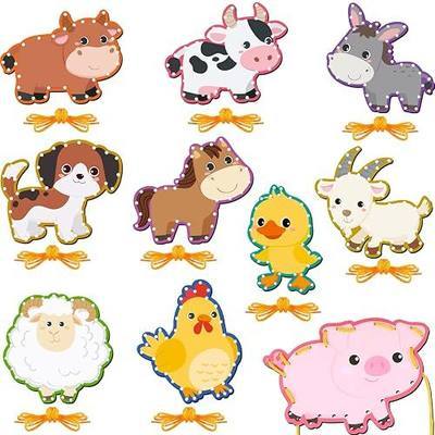 Pajean 10 Pcs Kids Lacing Cards Double Sided Animal Sewing Cards Kits 10 Styles Lacing Toy Crafts for Toddler Ages 6+ Developing Imagination Preschool Learning Activity Supplies(Farm Style)