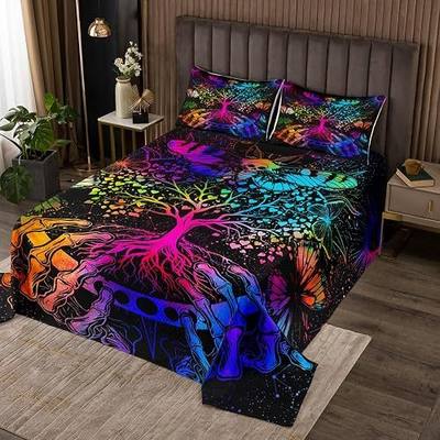 Erosebridal Butterfly Bedspread Set Tree of Life Bedding Sets King Sun Moon Coverlet,Celestial Star Quilt Set Rainbow Tie Dye Bed Cover 3Pcs Starry Sky Constellation Home Decor Boys Girls