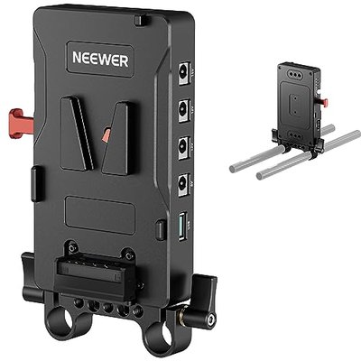 NEEWER V Mount Battery Plate with Dual 15mm Rod Clamps, 1/4" & 3/8" Threads, Metal V Lock Battery Mounting Plate Fits Camera Rig Cage with 15mm Rail Rod Support System, Compatible with SmallRig (ST43)