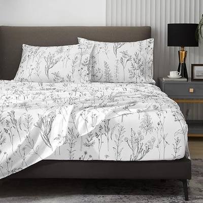 HYPREST Floral Sheets Queen Size,18 inches Deep Pocket Sheets, 1800 Thread Count Black and White Leaf Floral Bed Sheets Soft Breathable Cute Aesthetic Shabby Chic Bed Sheets, Oeko-Tex Certificated.