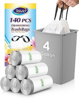 4 Gallon 140 Counts Strong Drawstring Trash Bags Garbage Bags by Teivio, Bathroom Trash Can Bin Liners, Small Plastic Bags for home office kitchen, White