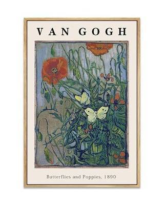 Vincent Van Gogh Framed Wall Art Print Butterflies And Poppies Flowers by Van Gogh Canvas Prints Painting Reproduction for Living Room Bedroom Kitchen Office Home Decor 12"x16" Natural Framed
