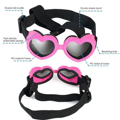 Small Breed Dog Sunglasses, UV Protection with Adjustable Strap, Heart-Shaped Goggles for Waterproof, Windproof, Anti-Fog Eye Protection, Beach Accessories (Pink)