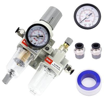 RIH Pneumatics 1/4“ NPT Compressed Air Filter Regulator Lubricator Combo Water/Oil Trap Separator - Gauge(0-150 psi), Auto Drain and Manuall-Drain,Poly Bowl,Bracket - 3 in 1 Two Unit