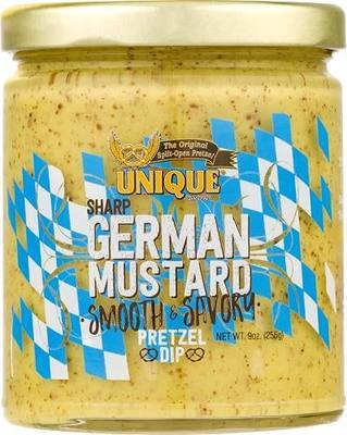 Unique Snacks Sharp German Mustard Dip, Whole Grain Mustard Seeds, Pretzel Dip, Non-GMO, Pack of 2 | Non-GMO Ingredients, Zesty Paste, for Pretzels, Fries, Veggies, Marinade for Chicken, Beef, or Fish, Bottle