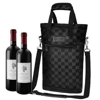 opux Two Bottle Wine Bag Carrier Tote, Insulated Leakproof 2 Bottle Wine Cooler Bag for Travel BYOB Picnic, Portable Wine Case, Gift for Men Women Wine Lover Birthday Party Christmas, Checker Black