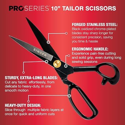 SINGER ProSeries 10 Inch Sewing Fabric Scissors, Heavy Duty Forged Steel Industrial Tailor Shears for Leather and Fabric with Folding Seam Ripper and 96 Inch Retractable Tape Measure for Dressmaking