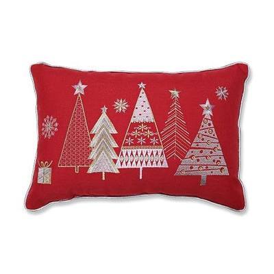 Pillow Perfect - 629858 Christmas Star Topped Trees Embroidered Welt Cord Lumbar Decorative Pillow, 12" x 18", Red, Gold, Silver, White