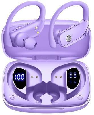 bmanl Wireless Earbuds Bluetooth Headphones Over Ear Hooks Ear Buds with 80H Playtime, LED Power Display, Dual Mic Clear Calls, Sports Wireless Ear Buds Bluetooth Earbud for Running Gym Workout Purple