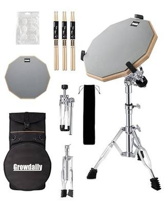 GrowDaily Drum Practice Pad Snare Drums Stand Set 12 In With Double Sided Silent Drums Pad,Drums Dampeners Gel, Drum sticks,Carrying Bag Adjustable Stand(Fits 10''-14'' Drums)