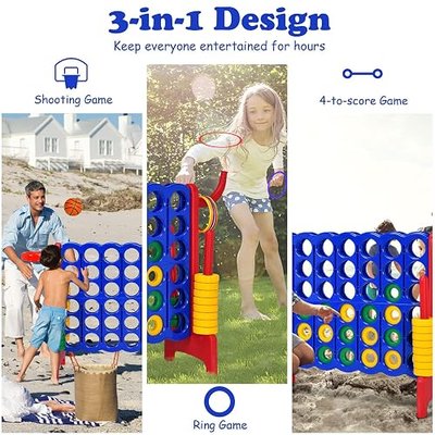 Costzon Giant 4-in-A-Row, Jumbo 4-to-Score Giant Game w/Carrying Bag, Basketball Hoop, 42 Jumbo Rings, Quick-Release Slider, Indoor Outdoor Family Connect Game for Kids & Adults, Backyard Games