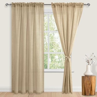 JIUZHEN Burlap Linen Sheer Curtains 84 inch Length 2 Panels Set with Tiebacks, Rod Pocket Privacy Light Filtering Textured Semi Sheer Drapes for Living Room/Bedroom, W 52 x L 84