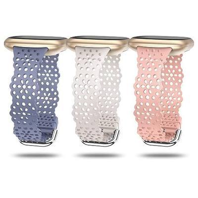TOYOUTHS 3 Packs Compatible with Fitbit Sense/Sense 2 Band/Versa 3/Versa 4 Bands Women Soft Silicone Lace Strap Flower Cut-Outs Breathable Waterproof Sport Wristband Accessories, Blue/Starlight/Pink