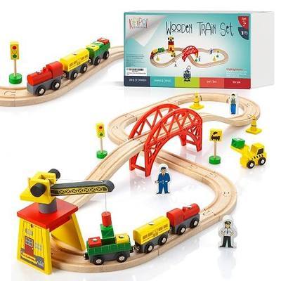 KipiPol Wooden Train Sets for Boys 2-4-7 – 38 Pcs Wood Train Set for Toddlers w/Crane, Bridge & Wooden Train Tracks – Train Toys for 3 Year Old Boys & Girls – Fits Thomas Brio IKEA Melissa and Doug