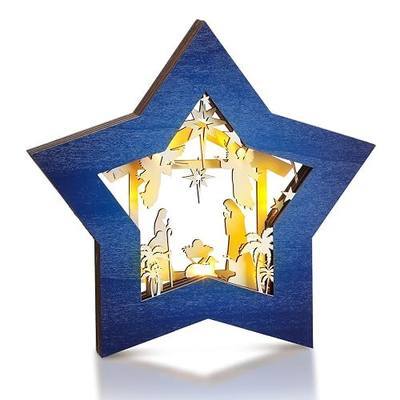 Wooden Nativity Scene Set Christmas Nativity Scene Tabletop Set Christmas Ornament Christian Religious Rustic Decorations with LED Light for Shelves Tables Decorations Indoor Decor(Blue White)