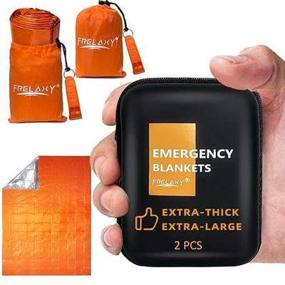 Frelaxy Emergency Blanket 2 Pack, Extra Thick Large Space Blankets | Emergency whistles included, EVA storage case, Heat reflective material, Lightweight compact design, Camping Survival gear