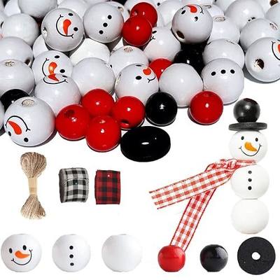 100pcs Christmas Snowman DIY Wooden Beads for Crafts Christmas Print Wooden Beads Buffalo Plaid Wood Round Beads Colorful Polished Beads for Christmas Decoration DIY Craft,with 32.8 Feet Hemp Rope
