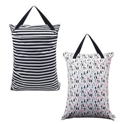 ALVABABY 2 Pack Large Wet Dry Bag Waterproof Hanging Cloth Diaper with Double Zippered Pockets 25x18 inches (Feather & Stripe)