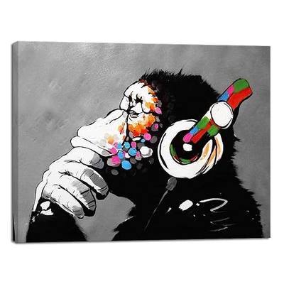 Wieco Art Monkey With Headphones Banksy DJ Chimp Pop Art Cool Ape Abstract Canvas Prints Wall Art Paintings for Living Room Bedroom Home Decorations Stretched Artwork for Office Decor