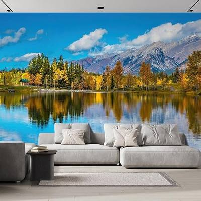 wall26 Removable Wall Sticker/Wall Mural Autumn Fall Forest Tree Mountain Lake Nature Wilderness Photography Realism Rustic Landscape Global Zen for Living Room, Bedroom, Office - 100x144 inches