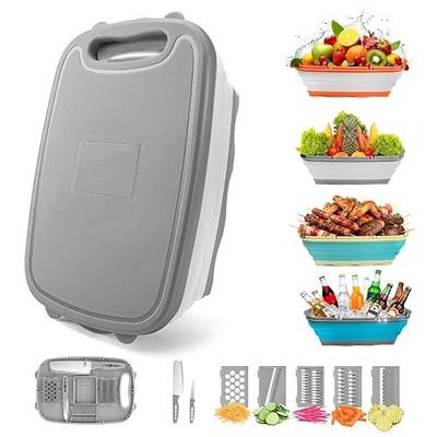 Gintan Camping Cutting Board, 9-in-1 Collapsible Chopping Board with Colander, Outdoor-Kitchen Vegetable Washing Basket for Campers, Camping Gifts Camping Accessories for RV Campers (Gray)