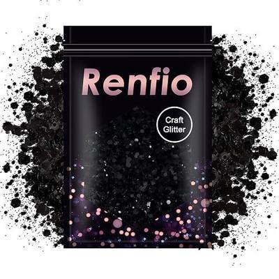Renfio Black Chunky Glitter, 3.5 Oz (100g) Mixed Fine Powder PET Flake | Iridescent Sequins Face Glitters for Halloween, Craft Resin, Tumbler Ornament Painting, Hair Body, Wedding Decor - Black