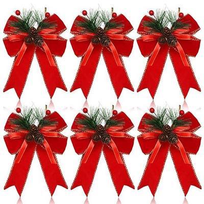 Syhood 6 Pcs Christmas Bows with Pine Cones Pine Needles Xmas Velvet Bows Red Ribbon Christmas Tree Wreath Decoration for Xmas Parties Indoor Outdoor Crafts DIY Decor