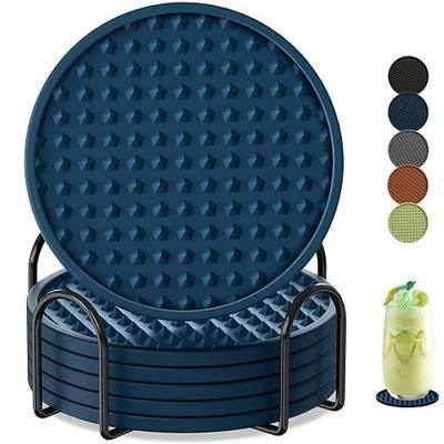 Coasters for Drinks 6 Pack Drinking Coasters with Holder,Heat Resistant Silicone Cup Mat Tabletop Protection,Non-Slip Rubber Coaster for Kinds of Cups (Blue)