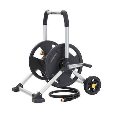 Gorilla GRS-200H Aluminum Garden Hose Reel, 200 Ft, No-Leak Brass Fittings | Rust-proof frame, Smooth winding hose guide, Upright comfort handle, Stable wide base, Durable construction for outdoor use
