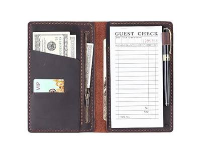 Server Book Organizer with Zipper Pocket, Genuine Leather Restaurant Guest Check Presenters Card Holder for Waitress, Waiter Accessories Fit Server Apron - Coffee