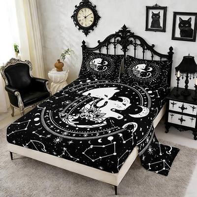 Tai Chi Cats Bed Sheet Full,Gothic Star Sky Moon Constellation Bedding Set 4pcs for Kids Teens Boy Girls Room Decor,Animals Flower Plants Sheet Set Black Exotic Fitted Sheet+Top Sheet+2 Pillowcases
