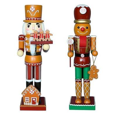 AULUDA 15" Christmas Decorative Nutcrackers, 2 Ginger Bread Men, Handmade Wooden Puppet Figures, Collectible Festive Present Figurine Shelves Tables Decorations