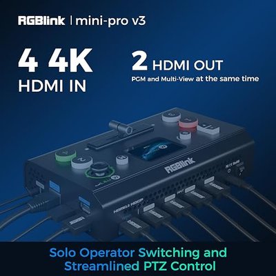 RGBlink Mini-pro Video Switcher with 4 x 4K HDMI Inputs 2HDMI 1USB3.0 Outputs Multi Camera Video Mixer Switcher with 2 Inch Touch Screen Ideal for Live Streaming Worship Gamers Live Events