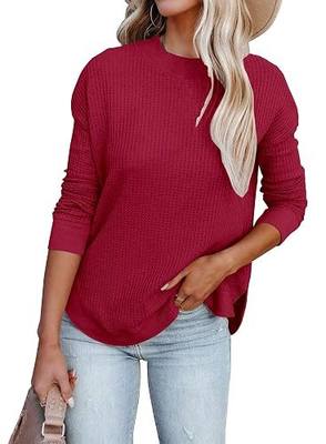 LOLONG Long Sleeve Blouses for Women Casual Waffle Knit Top Crew Neck Tunic Work Shirts