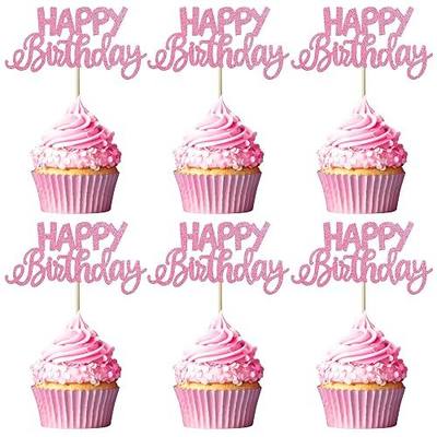 24 Pack Happy Birthday Cupcake Toppers Glitter Celebrating Birthday Cupcake Picks Baby Shower Kids Birthday Party Cupcake Decorations Supplies Pink