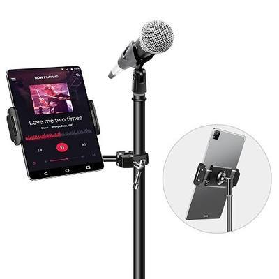 elitehood Aluminum iPad Holder for Mic Stand, Side Mount iPad Music Stand | 360° Swivel Tilt Adjustable Tablet Holder for Microphone Stand, Heavy Duty iPad Clip Attachment for 4-13in Tablets, Black