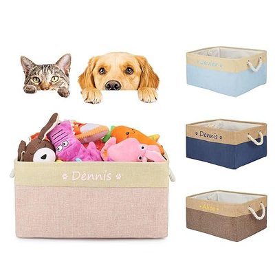 Personalized Pet Dog Toy Storage Foldable Bin Basket, Colorful Font Customized Pet's Name Box Organizer for Dog Toys、 Apparel & Accessories, with Weave Rope Handle(heart pink-l)