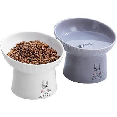 6.5 Inch Extra Wide Ceramic Raised Cat Bowl Set, Tilted Elevated Cat Bowls for Food and Water, Prevent Whisker Fatigue, Stress Free, Less Vomiting, Protect Spine, White & Grey | Extra Wide, Prevent Whisker Fatigue, Stress Free, Less Vomiting, Protect Spine, Dishwasher Microwave Safe, White & Grey, 2