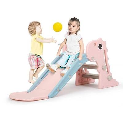 Nyeekoy 3 in 1 Toddler Slide Indoor & Outdoor Playground | Kids Slide Climber Playset with Basketball Hoop, Baby Slide for Toddlers Aged 1-3, Folding Design Freestanding Slide (Pink)