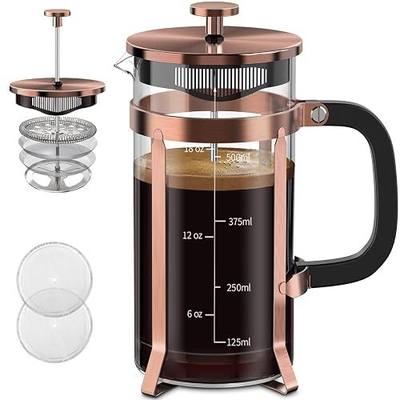 QUQIYSO French Press Coffee Maker 21oz,Borosilicate Glass Coffee Press | Thickened Glass Stainless Steel Coffee French Press,Easy to Clean,4 Filter Suitable for Kitchen Party Camping Gifts (Copper)