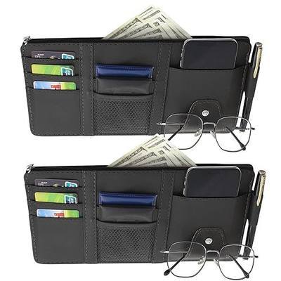 2 Packs Car Sun Visor Multi-Pocket Organizer for SUV & Truck, Auto Visor Storage Pouch with Big Zipper Pocket, Card Sleeve, Driving License, Insurance, Sunglasses, Pen, Key, Lipstick
