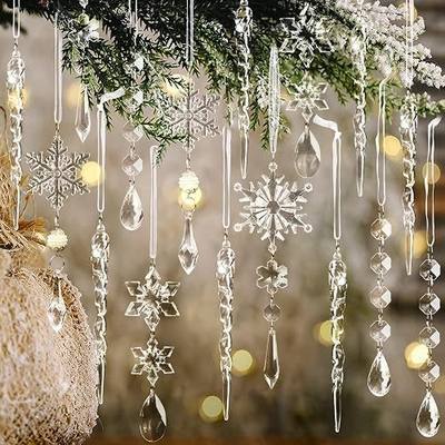 18pcs Christmas Tree Decoration Crystal Ornaments - Hanging Acrylic Christmas Snowflake Icicle Drop Crystal Ornaments for Xmas Tree Winter New Year Party Supplies