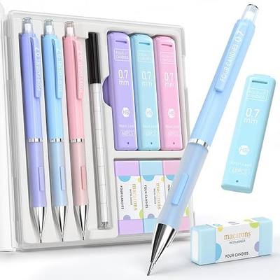 Four Candies 0.7mm Cute Mechanical Pencil Set, 3-Pack with Case | with 360 HB Leads, 3 Erasers+9 Refills, Pink/Purple/Blue Barrels, Non-Slip Grip, for School Notes & Everyday Writing