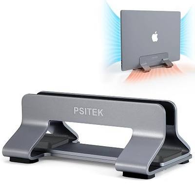 Aluminum Vertical Laptop Stand Dock Holder, Adjustable Slot Width 12-42mm, Space-Saving Upright Storage for MacBook and Laptops