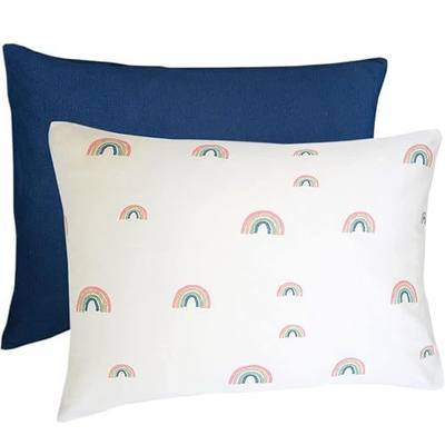 Ecolino Organic Cotton Toddler Pillowcase, Set of 2, Soft and Breathable 100% Organic Cotton Travel Pillow Case Cover, Navy Blue (Solid Color) and Rainbow (Print)