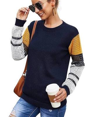 Women's Cute Contrast Sleeve Knitted Pullover Sweater