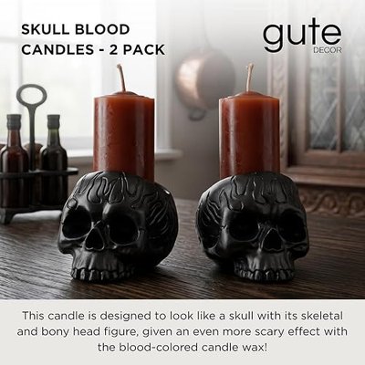 Skull Blood Candles 2 Pack - Bleeding Dripping Red Wax, Skeleton Reversing Skul Candle, Magic Skulls Candlestick Spooky Gothic Bar Decoration - 3.54 x 2.56 x 2.36-8 Hour Burn Time - Gute