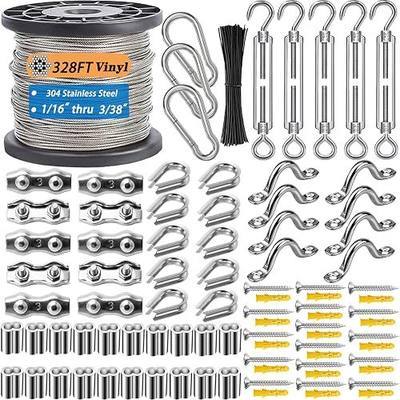 304 Stainless Steel Turnbuckle Kit, 328FT Coated Wire Rope. Heavy Duty & Anti-Rust for Outdoor Hanging, String Lights, Pictures, Decor. Easy Installation, All-Weather Use.