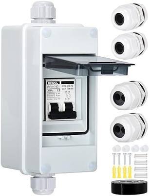 DIHOOL Solar Panel Disconnect Switch with IP65 Din Box, 30 Amp Dual Pole 12V-400V, Non Polarized AC DC Miniature Circuit Breaker, PV Array Shut Off Isolator