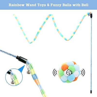 Cat Toys for Indoor Cat,Cat Feather Toy Long Cat Rainbow Wand Toys,Interactive Cat Toys Teaser Wand for Cat Kitten,Puppy Chase Exercise-3 PCS (Green-2)